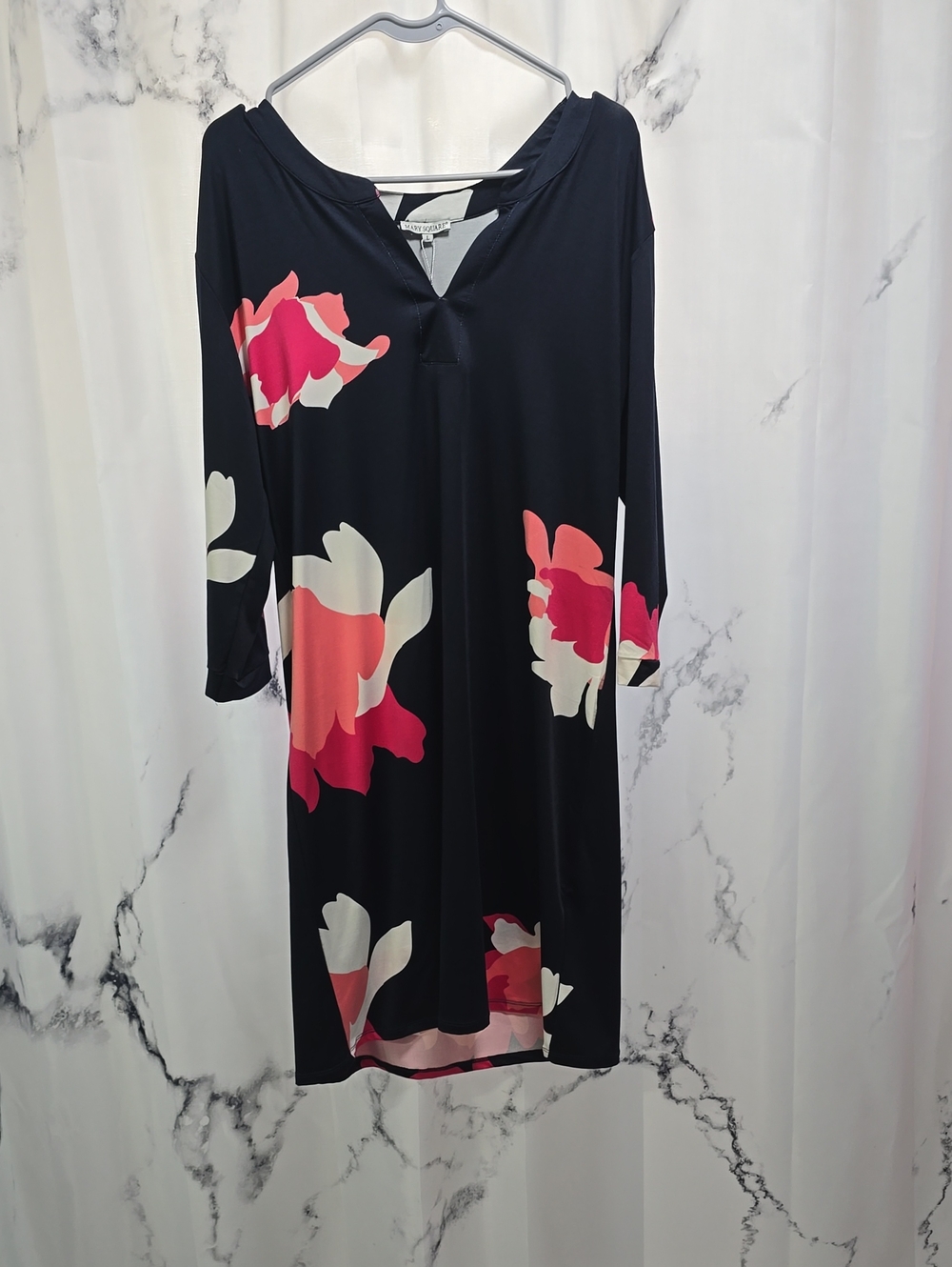 Navy Midi Dress with Pink & Cream Floral Print
